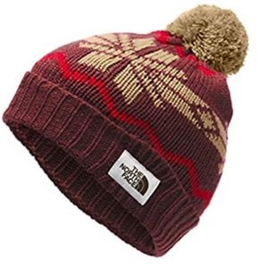 The North Face Fair isle beanie red & brown W/Pom